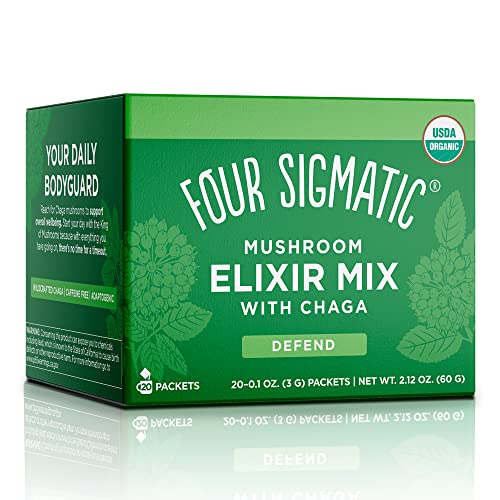 Chaga Mushroom Elixir by Four Sigmatic | Coffee Alternative with Organic Chaga Mushroom Powder, Rose Hips & Mint | Immune Support & Overall Wellness | Pack of 20 - Defend w/ Chaga - 2.12 Ounce (20 Packets of 0.1 Ounce)