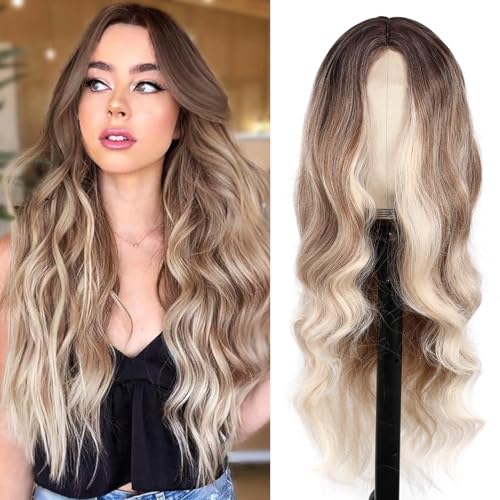 Sodfey Long Ombre Blonde Wavy Wig for Women Middle Part Curly Wavy Wig Natural Looking Heat Resistant Fiber Synthetic Wig for Daily Party Use (26in, R10B/88) - 26in - R10B/88