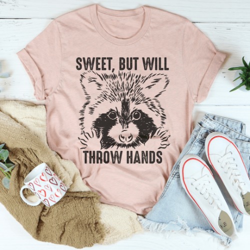 Sweet But Will Throw Hands Tee - Heather Prism Peach / XL