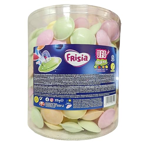 Frisia Flying Saucers Sweets Bulk - 375g Citric Wafers with Fruit Flavours Fizzy Sweets Tub with Topline Card. Gluten Free Kids Sweets for Birthday, Party Bag Fillers.