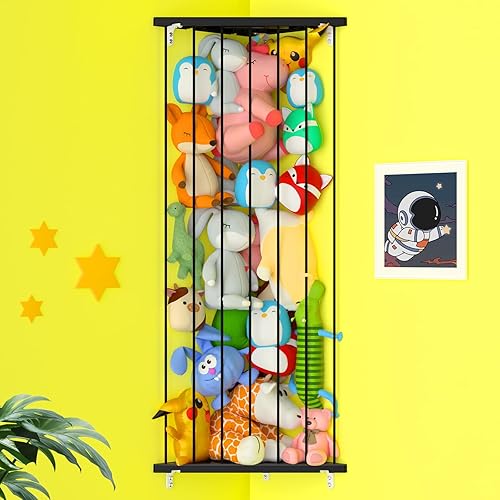 Corner Stuffed Animal Storage Toy Organizer(Patented) - Kids Room Stuffed Animal Holder with Length Adjustable - Large Corner Plush Toys Wall Hanging Storage for Nursery Playroom Bedroom(Black) - Space Black - Standard