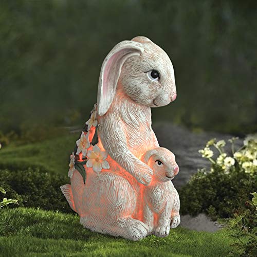 LA Jolie Muse Garden Statue Bunny Decor- Mom & Baby Rabbit Figurine with Solar Color Changing LED Lights for Outdoor Indoor, Patio Yard Lawn Ornament, Gifts for Mom