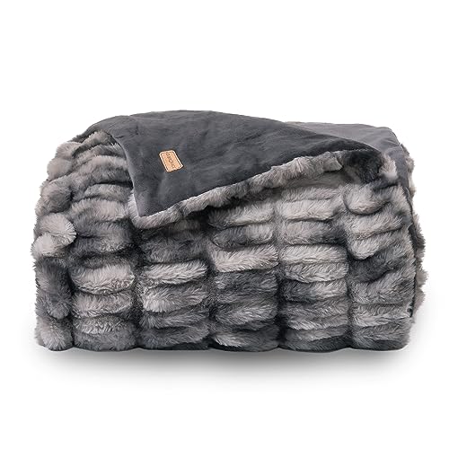 EVERGRACE Soft Faux Fur Throw Blanket Luxurious Ruched Blanket for Couch Bed Living Room Sofa Fuzzy Warm Throw Blanket with Reversible Mink Velvet for Christmas Holiday, Gray, 60"x80" - Gray - 60''x80''