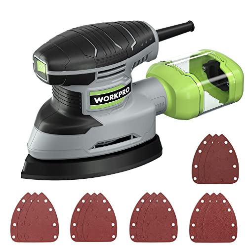 WORKPRO Detail Sander, 13,000 OPM Compact Electric Sander with Dust Collector, 1.6Amp Power Sander with 15PCS Sanderpapers for Tight Spaces Woodworking - Detail Sander