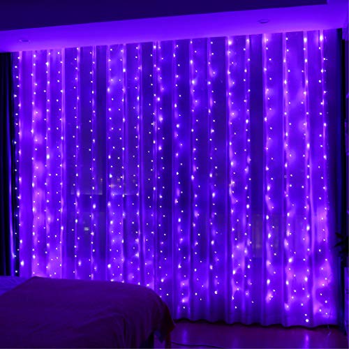 HXWEIYE 300LED Purple Fairy Curtain Hanging Lights with Remote 8 Modes Timer for Bedroom, 9.8x9.8Ft USB Plug in Christmas Fairy String Lights for Outdoor, Weddings, Party, Garden, Wall, Decorations - Purple - 300L-Silver Copper Wire
