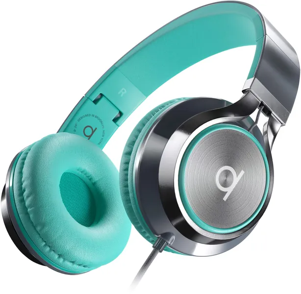 Artix CL750 Wired Headphones with Microphone - On-Ear Corded Head Phones with Mic & Volume Control - Noise Isolating Foldable Headphone with Wire for Computer, Laptop & Phone 3.5 mm (Turquoise/Gray) - Turquoise