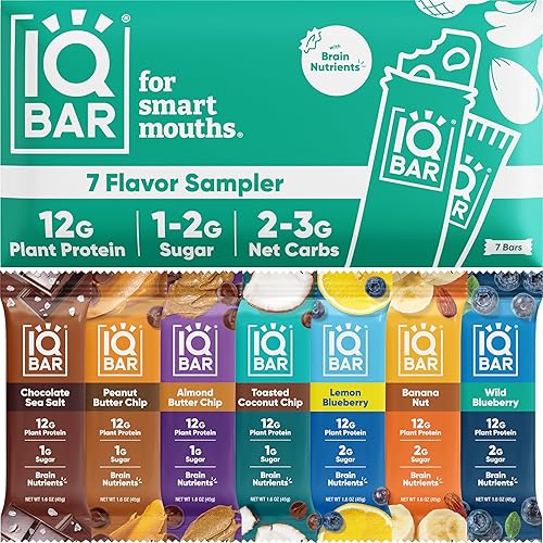 IQBAR Brain and Body Plant Protein Bars - 7 Bar Sampler Pack - Gluten Free, High Fiber, Vegan Snacks - Low Sugar Meal Replacement - Sampler - 7 Count (Pack of 1)