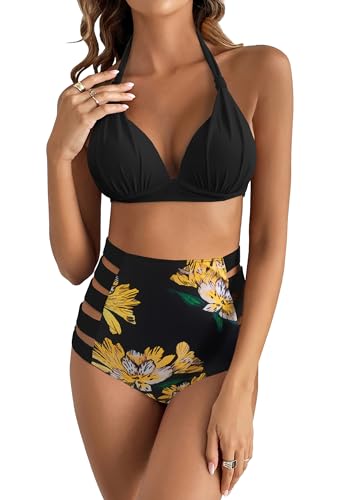 Women High Waisted Swimsuit Halter Triangle Bikini Push Up Swimwear - Large - Floral/Black