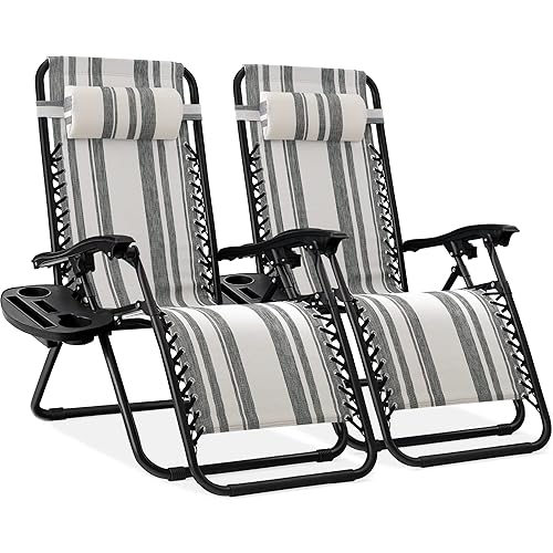 Best Choice Products Set of 2 Adjustable Steel Mesh Zero Gravity Lounge Chair Recliners w/Pillows and Cup Holder Trays - Gray Stripes - Gray Stripes - Set of 2