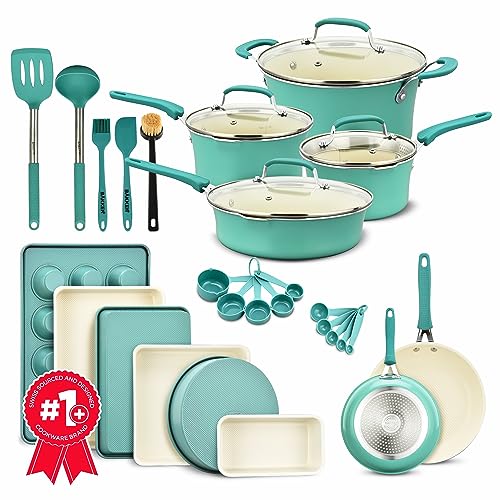 Cookware Set – 23 Piece –Aqua Multi-Sized Cooking Pots with Lids, Skillet Fry Pans and Bakeware – Reinforced Pressed Aluminum Metal - Suitable for Gas, Electric, Ceramic and Induction by BAKKEN Swiss - 23 Piece - Aqua