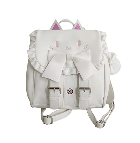 Lolita Rucksack für Damen, Kawaii-Katzenstickerei, große Schleife, süße Cartoon-Tasche - Weiß - Einheitsgröße