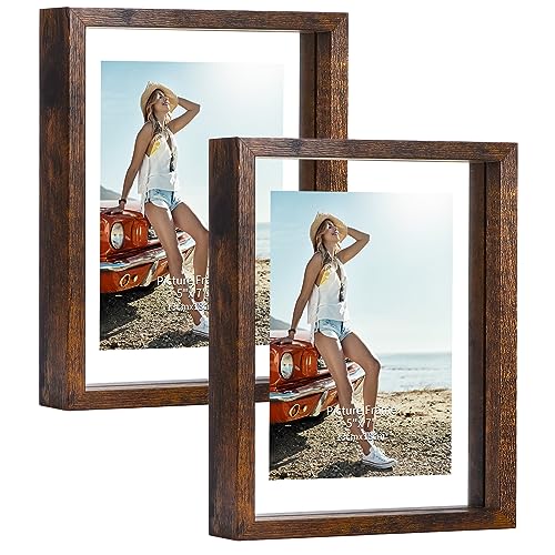Trwcrt 5x7 Floating Picture Frame Set of 2, Double Glass Picture Frames Display up to 7 x 9 photos for Tabletop or Wall Hanging, Brown - Brown - 5x7-2 Pack