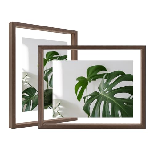 Egofine 8.5x11 Floating Frames Set of 2, Double Glass Picture Frame, Made of Solid Wood Display Any Size Photo up to 8.5x11, Wall Mount or Tabletop Standing, Brown - Brown - 8.5x11