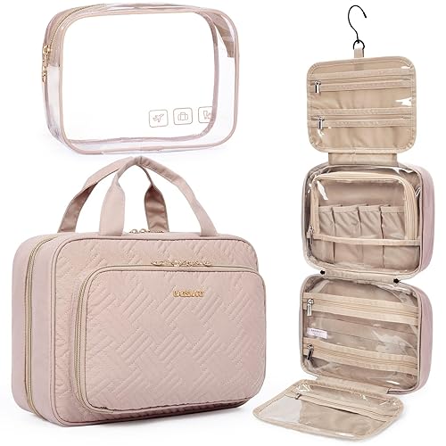 BAGSMART Toiletry Bag Hanging Travel Makeup Organizer with TSA Approved Transparent Cosmetic Bag Makeup Bag for Full Sized Toiletries, Large-Pink - Large - Pink