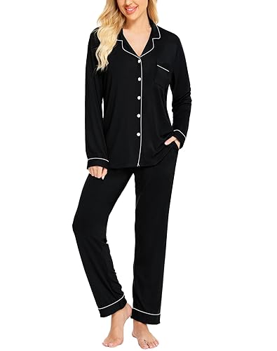 SWOMOG Womens Pajamas Set Long Sleeve Sleepwear Button Down Nightwear Soft Cotton Pj Lounge Sets - Classic Neck - Medium - Black