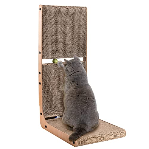 AUSCAT Cardboard Cat Scratcher, Vertical Cat Scratchers for Indoor Cats, 27.2 Inch L-Shape Cat Scratch Pad with Two Build-in Toy Balls