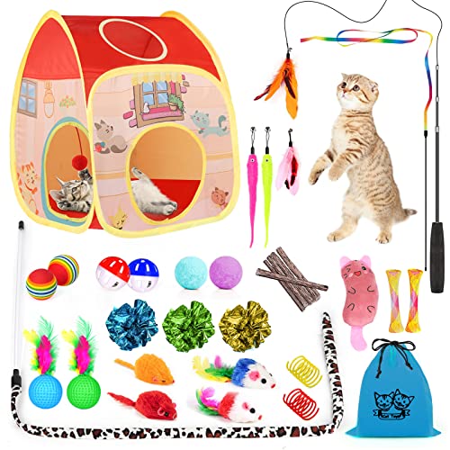 34Pcs Cat Toys Kitten Toys,Interactive Cat Toys Set with Collapsible Cat Tunnels Tent for Indoor Cats,Retractable Cat Wand Toys Catnip Toys Cat Feather Teaser Fluffy Mouse Crinkle Balls for Cat,Kitty