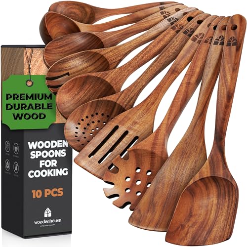 Wooden Spoons for Cooking, 10 Pcs Wooden Cooking Utensils Set – Wooden Utensil Set for Nonstick Pans & Cookware – Teak Wood - Sturdy, Lightweight & Heat Resistant - 10 Piece Set