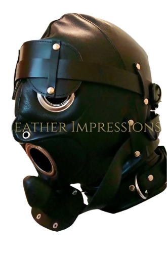 Genuine Leather Bondage Hood with Mouth Gag | Black