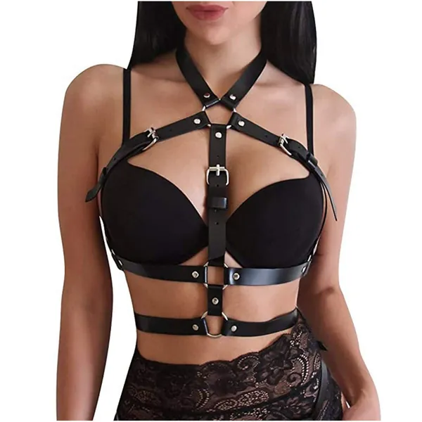 Women Rave Hologram Waist Belt Body Chain Chest Harness Leather EDM Clothes Choker Chain for Music Festival Roleplay Clubwear - Style 1