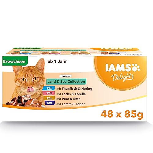 IAMS Delights Land & Sea Collection Katzenfutter Nass - Multipack mit Fleisch und Fisch Sorten in Gelee, Nassfutter für Katzen ab 1 Jahr, 48 x 85 g - in Gelee - 85 g (48er Pack)