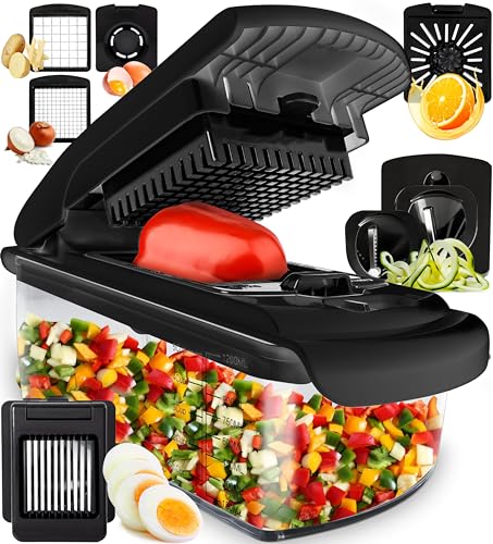 Fullstar Vegetable Chopper - Spiralizer Vegetable Slicer - Onion Chopper with Container - Pro Food Chopper - Slicer Dicer Cutter - (8 in 1, Black) - 8 in 1 - Black