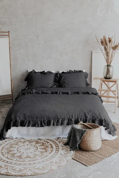 Linen Bedding Set of 3, Ruffle Duvet Cover and Two Ruffle Pillowcases, Dark Gray, Mothers Day Gift