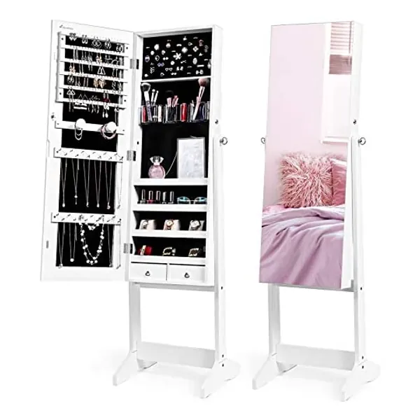 
                            Nicetree Jewelry Cabinet with Full-Length Mirror, Standing Lockable Jewelry Armoire Mirror Organizer, 3 Angel Adjustable, White
                        