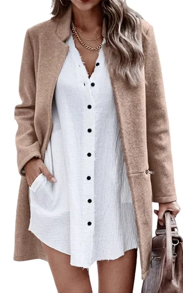 Angashion Women’s Coat, Long Sleeve Stand Collar Cardigan Mid-Long Open Front Outwear Overcoat with Zipper Pockets