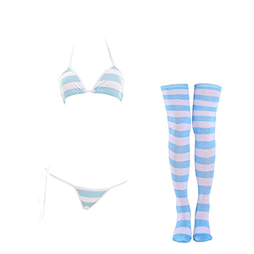 SINROYEE Sexy Lingerie Set for Women Japanese Anime Bikini Swimsuit Stripe with Striped Thigh High Sock - One Size - Blue Wide Striped Bikini
