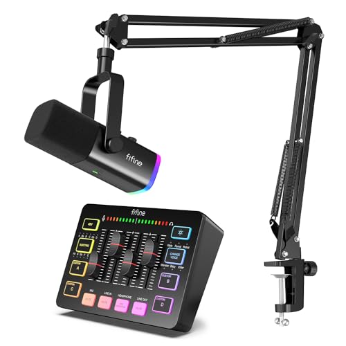 FIFINE XLR/USB Gaming Microphone Set and Gaming Audio Mixer,Dynamic PC Mic for Streaming Podcasting,RGB Recording Mixer with XLR Microphone Interface,Computer RGB Mic Kit with Boom Arm Stand(AM8T+SC3)