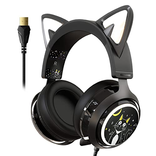 EASARS Cat Ear Headset, USB Gaming Headset with Retractable Mic, 7.1 Surround Sound, RGB Lighting, Wired Headset for PC, PS4, PS5 - Wired - Black
