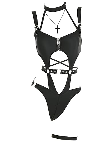 MEOWCOS Women's One Piece Swimsuits Gothic Swimsuit Chest Zipper Cutout Bathing One-Piece Swimwear - Small - Black