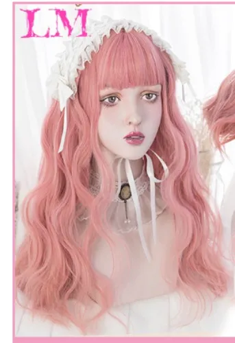 LM-Peluca de Cosplay con flequillo para mujer, pelo sintético liso de 24 pulgadas de largo, resistente al calor, color rosa