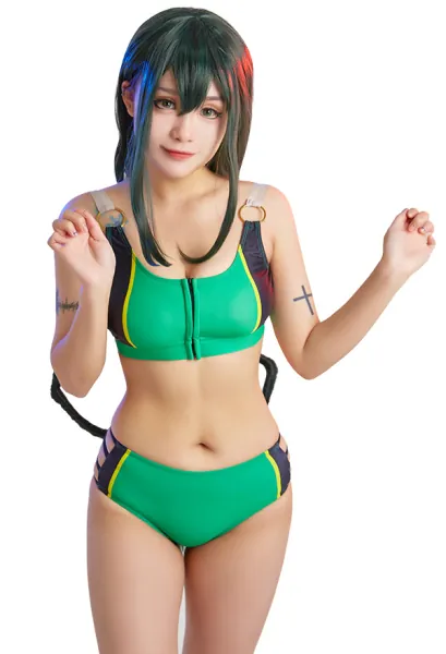 Miccostumes Swimsuits Green Black for Bathing Bikini Set Kawaii Ring Decorated Top and Shorts Two Piece Bathing Suit Swimwear