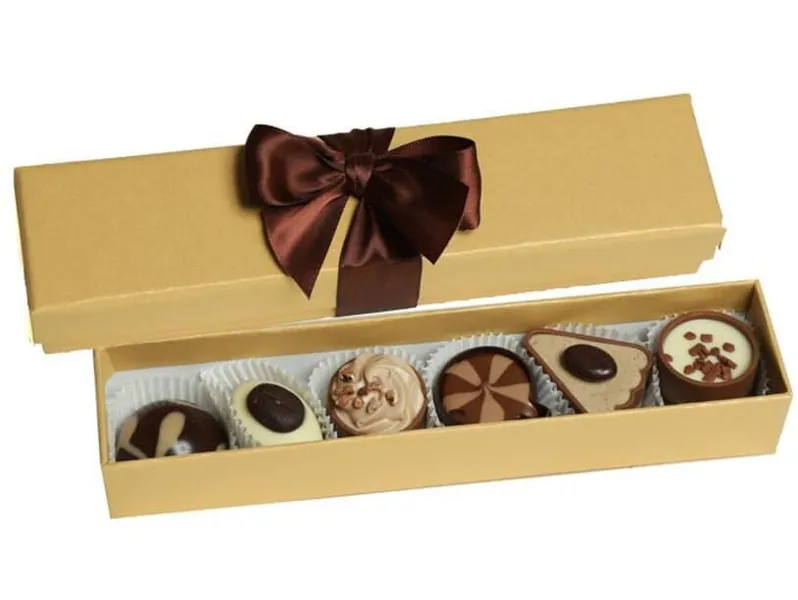 Coffee Collection Chocolate Box. 6 Luxury Coffee Inspired Chocolates In A Cute Gold Box With Brown Ribbon.A Great Gift For Any Coffee Nut