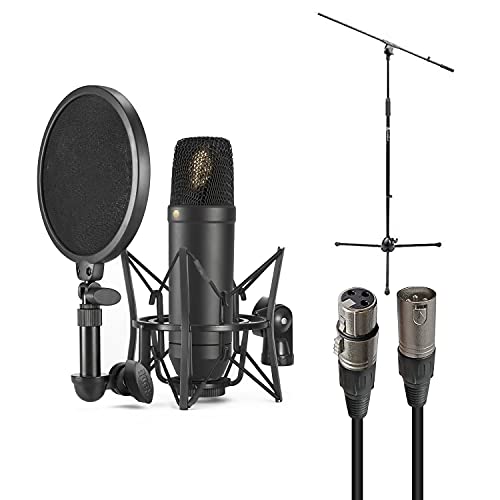 Rode NT1 Cardioid Condenser Microphone Bundle with Mic Stand, Mic Cable, Pop Filter, and Polishing Cloth