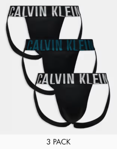 Calvin Klein Intense Power 3 pack jock strap with logo waistband in black | ASOS