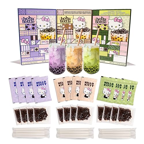 Hello Kitty Instant Boba Milk Tea Variety Kit, Brown Sugar, Taro, Match Flavor, with Taiwan Tapioca Pearls, Paper Straws Included (12 Servings) - Variety Pack