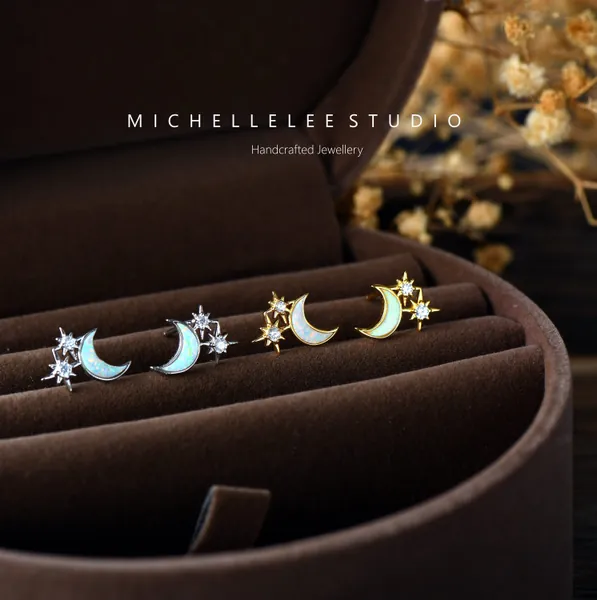 White Opal Moon and Star Stud Earrings, Sparkling Crescent Moon and Star Stud Earrings, Fire Opal Starburst Earrings, Celestial, Space