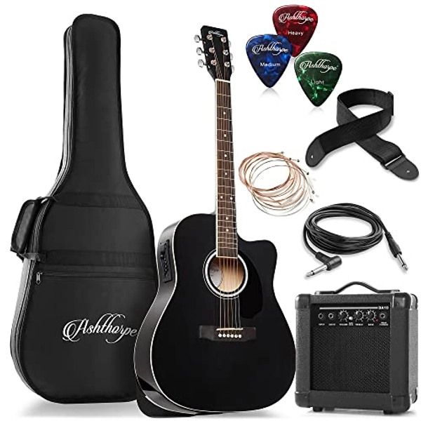 Ashthorpe Full-Size Dreadnought Cutaway Acoustic Electric Guitar Package with 10 Watt Amp - Black