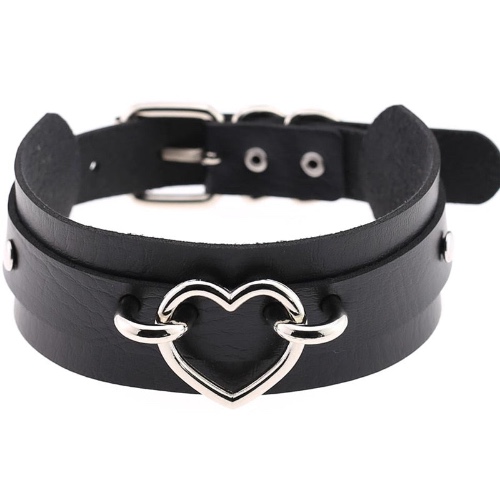 'Love Hurts' Faux Fake Leather Heart Choker - Silver Black