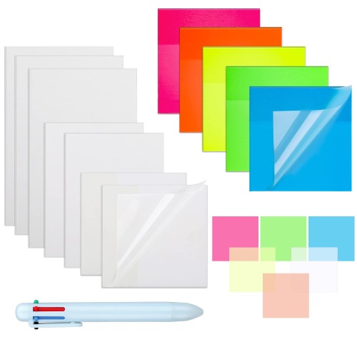 600 Sheets Colorful Transparent Sticky Notes, Shynek Clear Self Stick Notes Translucent Note Pads Assorted Size with Ballpoint Pen for Reading, Learning, Meeting, School Annotation Supplies