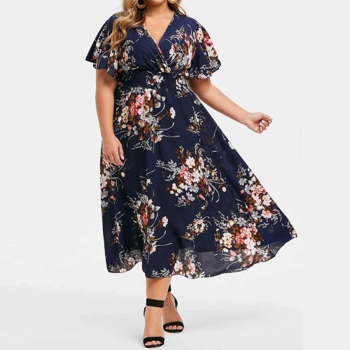 Womens Plus Size Floral Dress - Navy / 5XL