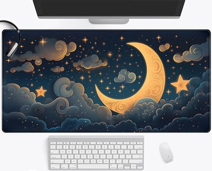 Moon Desk Mat Cute Black/Gold Space Cloud Desk Pad, Full Desk Gaming Pad, Animes Desktop Mat Laptop Keyboard Pad for Desk, Large Sewn Edge Mouse pad XXL, Fun Women Desk Accessories 31.5"x15.75"