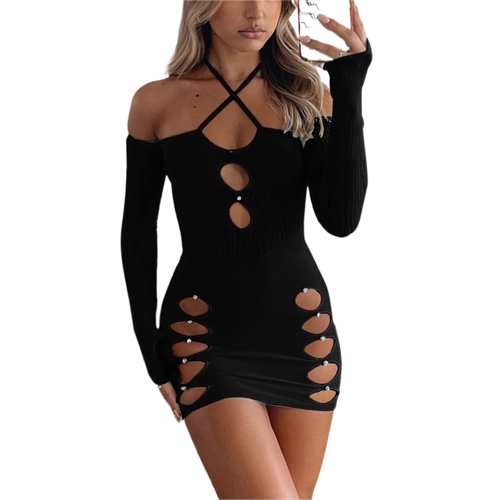 Amiblvowa Hollow Out Dress for Women Sexy Halter Neck Bodycon Mini Dresses Cut Out Club Party Short Dress Summer Streetwear - 1- Halter With Sleeve Black Small