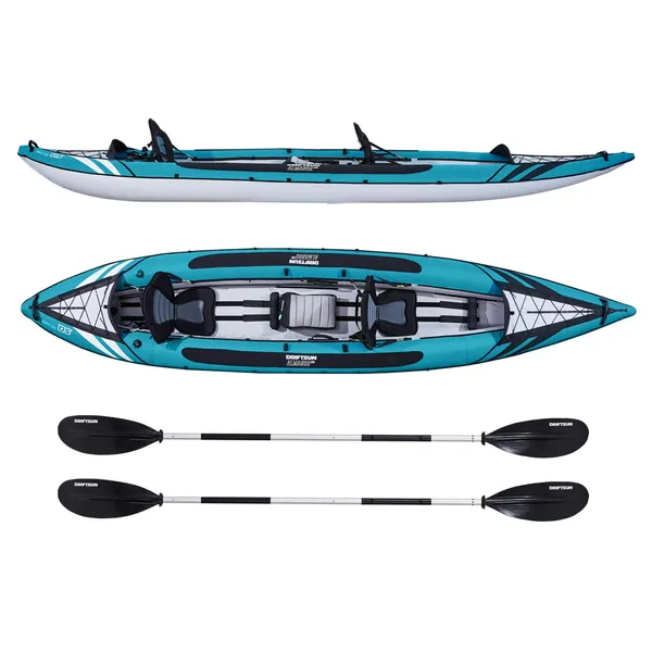 Driftsun Almanor Inflatable Recreational Touring Kayak with EVA Padded Seats with High Back Support, Includes Paddles, Pump ( 1 Person, 2 Person, 2 Plus 1 Child ) - Blue - 2 Person + 1 Child