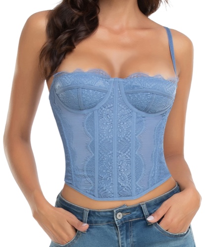 Raxnode Lace Corset Crop Tops for Women - Sexy Fashion Club Bodysuit with Buckle - Blue Small