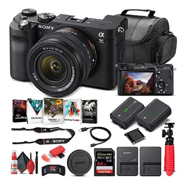 Sony Alpha a7C Mirrorless Digital Camera with 28-60mm Lens (Black) (ILCE7CL/B) + 64GB Memory Card + NP-FZ-100 Battery + Corel Photo Software + Case + External Charger + Card Reader + More (Renewed)