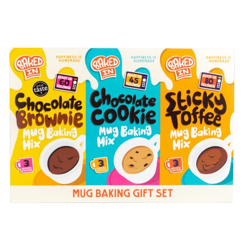 Bakedin - Mug Cake Gift Set - Delicious and Easy to make - 9 Mug Cake mixes (3 Mug Brownie mixes, 3 Mug Cookie mixes, 3 Sticky Toffee Mug Pudding mixes) - 505g